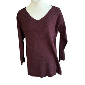 TSE Cashmere Burgundy Black Woven Knit V Neck Tunic Sweater